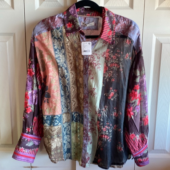 Free People NWT Flower Patch Boho Mixed Print Cotton Button-Up Shirt size XS - Picture 4 of 14